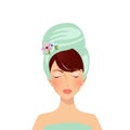 Beauty spa face, pretty woman in towel with closed eyes Royalty Free Stock Photo