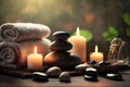 Beauty spa treatment and relax concept. Hot stone massage setting lit by candles. Neural network AI generated Royalty Free Stock Photo