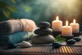 Beauty spa treatment and relax concept. Hot stone massage setting lit by candles. Neural network AI generated Royalty Free Stock Photo