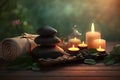 Beauty spa treatment and relax concept. Hot stone massage setting lit by candles. Neural network AI generated Royalty Free Stock Photo