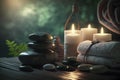 Beauty spa treatment and relax concept. Hot stone massage setting lit by candles. Neural network AI generated Royalty Free Stock Photo