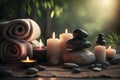 Beauty spa treatment and relax concept. Hot stone massage setting lit by candles. Neural network AI generated Royalty Free Stock Photo