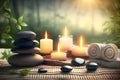 Beauty spa treatment and relax concept. Hot stone massage setting lit by candles. Neural network AI generated Royalty Free Stock Photo