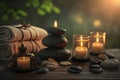 Beauty spa treatment and relax concept. Hot stone massage setting lit by candles. Neural network AI generated Royalty Free Stock Photo