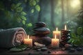 Beauty spa treatment and relax concept. Hot stone massage setting lit by candles. Neural network AI generated Royalty Free Stock Photo