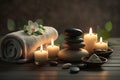 Beauty spa treatment and relax concept. Hot stone massage setting lit by candles. Neural network AI generated Royalty Free Stock Photo