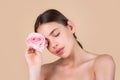 Beauty spa woman face with natural make up and rose flowers, fresh beauty model young spa. Beautiful female wellness Royalty Free Stock Photo