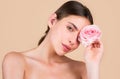 Beauty spa woman with natural make up and rose flowers, fresh beauty model young spa. Beautiful female wellness Royalty Free Stock Photo