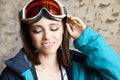 Beauty sport girl. Snowboard jacket. Pretty young woman in fitness clothes