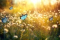 Beauty of spring with a field filled with blue butterflies and rays of sunshine, representing the renewal and revival of nature