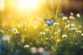 Beauty of spring with a field filled with blue butterflies and rays of sunshine, representing the renewal and revival of nature