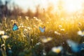 Beauty of spring with a field filled with blue butterflies and rays of sunshine, representing the renewal and revival of nature