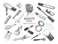 Beauty store background with make up artist and hairdressing objects: lipstick, cream, brush. Template Vector. Hand drawn