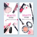 Beauty store banner with make up objects. Template Vector. Hand drawn isolated objects. Cosmetics.