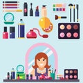 Beauty store. Cosmetics mascara gloss lipstick blush perfume and make-up brushes.