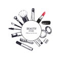 Beauty store emblem with type design and cosmetics. Beauty salon. Make up artist