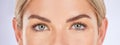 Beauty, studio portrait or eyes of woman for eyesight care, optical vision or natural cosmetics, wellness or eyebrow