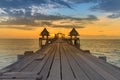 Beauty sunset sky background over wooden path walking way Royalty Free Stock Photo