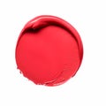 Beauty swatch and cosmetic texture, circle round red lipstick sample isolated on white background, paraffin wax sealing stamp,