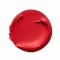 Beauty swatch and cosmetic texture, circle round red lipstick sample isolated on white background, paraffin wax sealing stamp,