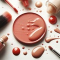 Beauty swatch and cosmetics texture, circle round beige liquid cosmetic foundation sample. ai generative