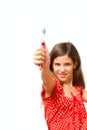 Beauty teen girl show toothbrush Royalty Free Stock Photo