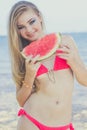 Beauty teen model girl eating watermelon Royalty Free Stock Photo