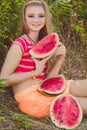 Beauty teenage model girl eating watermelon Royalty Free Stock Photo