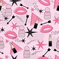 Glamorous make-up seamless with lipstick, parfum, kisses and stars, pink background