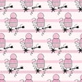 Make-up seamless pattern, with lipstick, parfum, kisses and stars, pink backgrounn Royalty Free Stock Photo