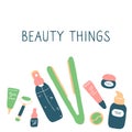 Beauty things. Products, cosmetics, tools devices for beauty. Skin, body and hair care. Vector flat illustration