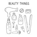 Beauty things. Products, cosmetics, tools, devices for beauty. Skin, body and hair care. Vector hand drawn illustration