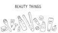 Beauty things. Products, cosmetics, tools devices for beauty. Skin, body and hair care. Vector hand drawn illustration