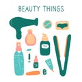 Beauty things. Products, cosmetics, tools, devices for beauty. Skin, body and hair care. Vector flat hand drawn illustration