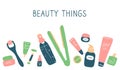 Beauty things. Products, cosmetics, tools devices for beauty. Skin, body and hair care. Vector flat illustration