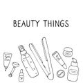 Beauty things. Products, cosmetics, tools, devices for beauty. Skin, body and hair care. Vector hand drawn illustration