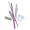 Beauty tools for eyebrow shaping. Hair thinning with tweezers, eyebrow tinting. Facial hair removal. Watercolor