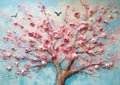 The Beauty and Tragedy of Life: A Tree, Pink Flowers, Birds Flyi Royalty Free Stock Photo