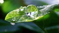 Beauty transparent drop of water on a green leaf macro with sun glare. Generative Ai