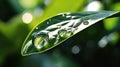 Beauty transparent drop of water on a green leaf macro with sun glare. Generative Ai