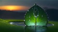 Beauty transparent drop of water on a green leaf in night stunning macro with sun glare. Beautiful artistic image of environment n
