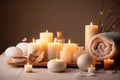 Beauty treatment with candles and items for spa procedures, Beautiful spa composition on massage, and relax