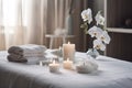 Beauty treatment with candles and items for spa procedures , Beautiful spa composition on massage and relax.