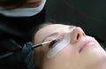 Beauty treatment. Cosmetologist puts black paint on the lashes. laminating eyelashes. Closeup face side view.