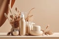 Beauty treatment, hair care and spa concept, close up of cosmetic bottles and flowers.