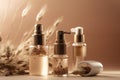 Beauty treatment, hair care and spa concept, close up of cosmetic bottles and flowers.