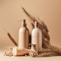 Beauty treatment, hair care and spa concept, close up of cosmetic bottles and flowers.