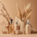 Beauty treatment, hair care and spa concept, close up of cosmetic bottles and flowers.