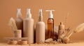 Beauty treatment, hair care and spa concept, close up of cosmetic bottles and flowers.