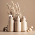 Beauty treatment, hair care and spa concept, close up of cosmetic bottles and flowers.